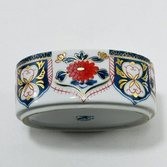 Ashibi Japan Trinket Box Dish 4” Porcelain Flower White Gold Red Storage Oval - Picture 3 of 10